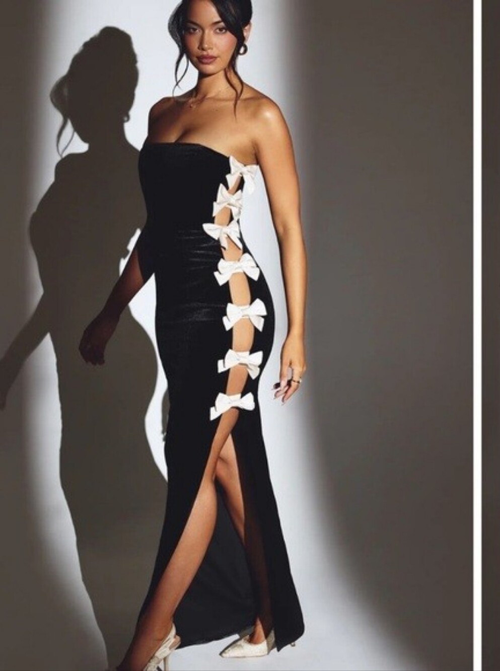 Oh Polly Alejandra Velvet Bow Detail Bandeau Maxi Dress in Jet Black - US 2